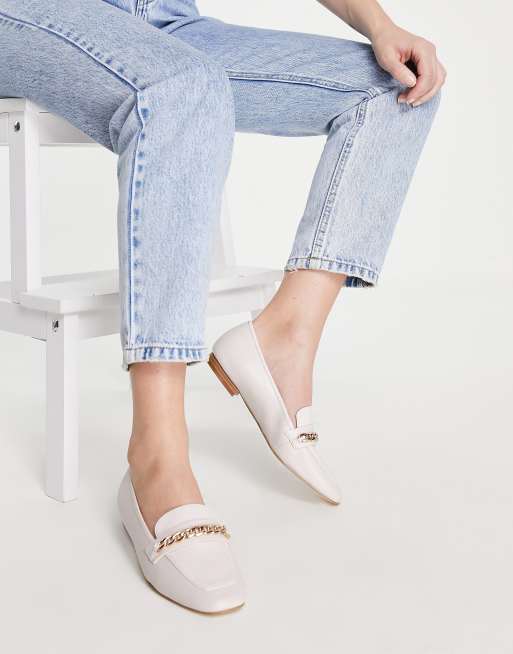Dune London – Leder-Loafer in Ecru mit Kettendetail