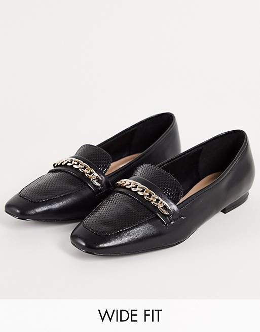 Dune London - Leren loafers met kettingdetail en brede pasvorm in zwart 