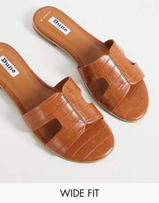 Dune London - Loopy - Sliders basse con occhielli color cuoio coccodrillo a pianta larga-Marrone infradito donna Marrone