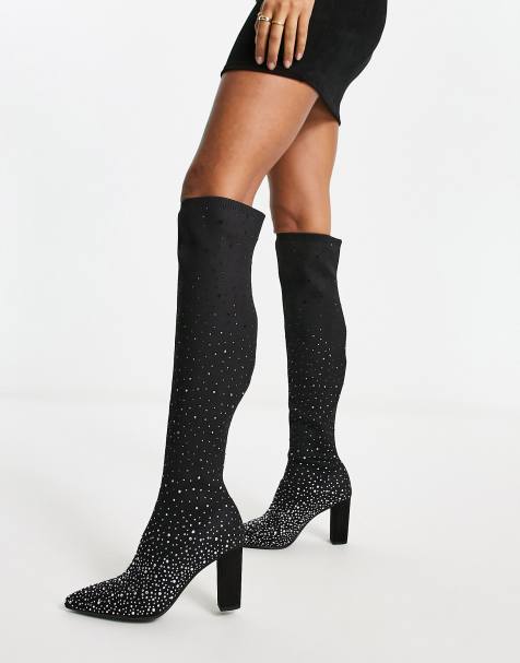 Dune London pointed toe heeled knee boots in black - view 1