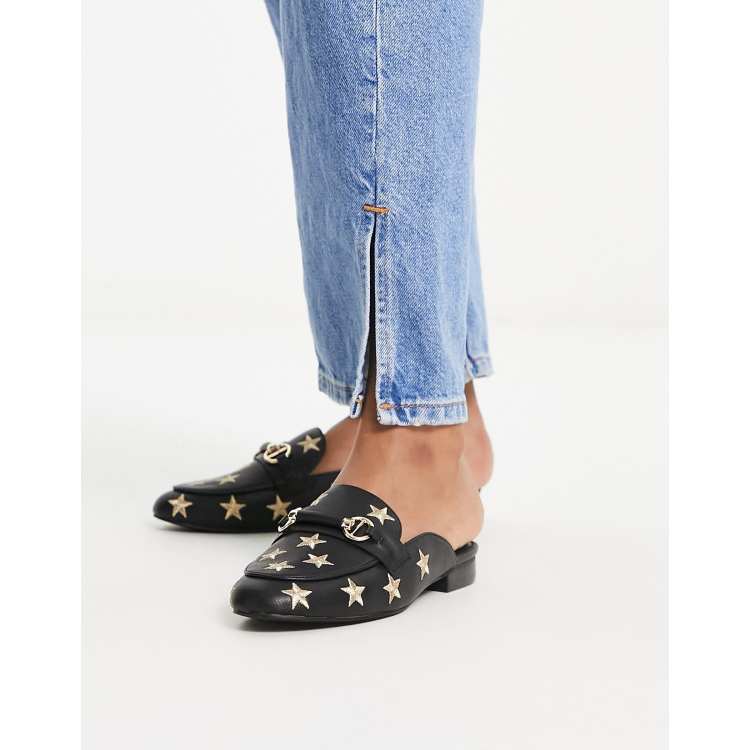 Dune London star embroidered backless loafer in black