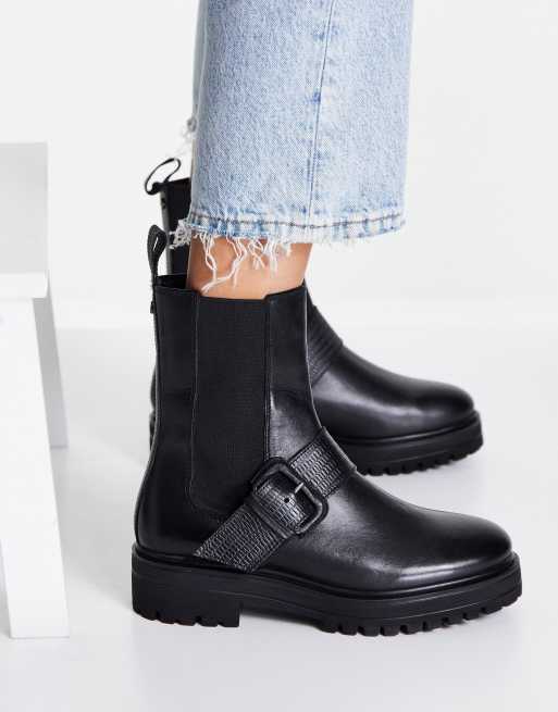 Dune London Wide Fit Ankle Boots aus Leder in Schwarz mit dicker Sohle und Schnalle weite Passform