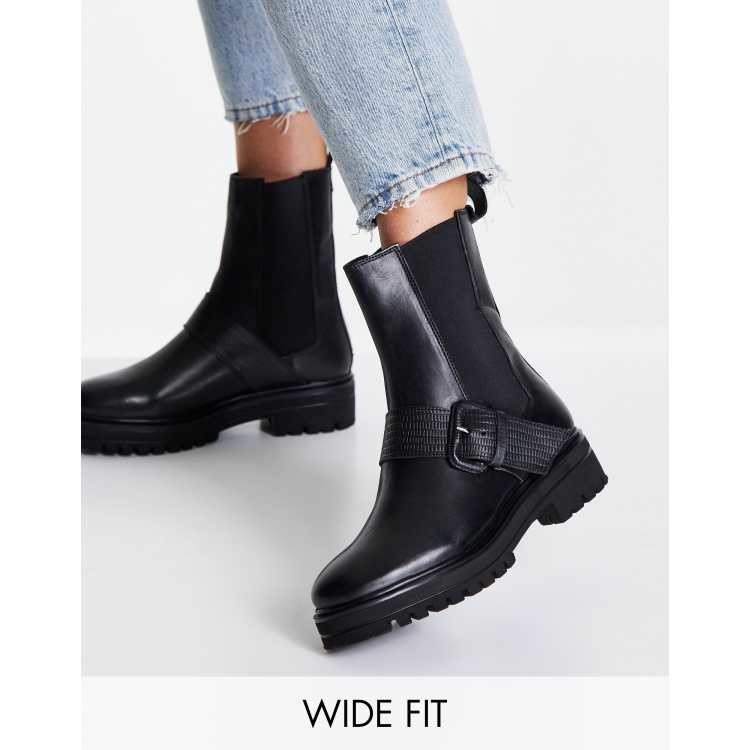 Dune London Wide Fit chunky sole buckle ankle boots in black leather ASOS