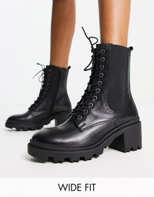 Dune London Wide Fit cleated lace up heeled boot in black