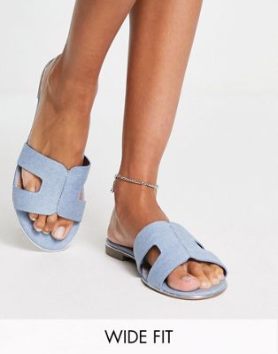Dune London Wide Fit loopy slip on flat sandals in blue denim - ASOS Price Checker