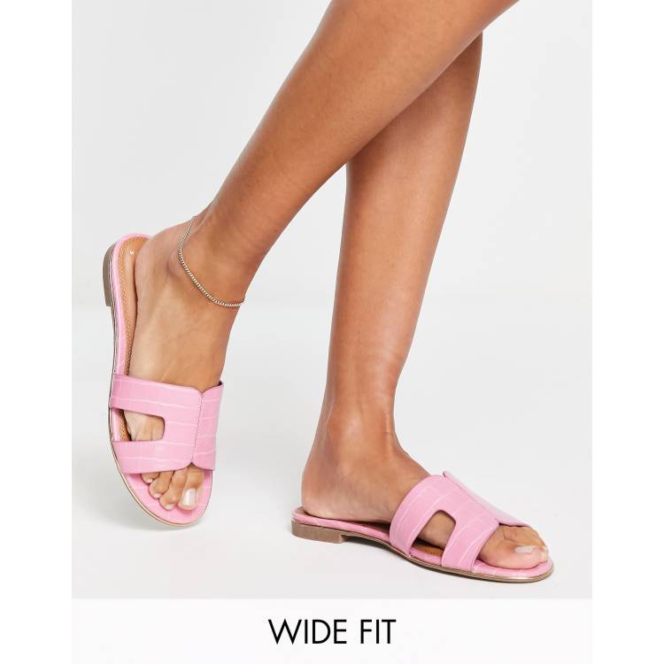 Dune London Wide Fit loopy slip on flat sandals in pink croc ASOS