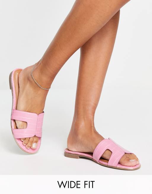 Dune London Wide Fit loopy slip on flat sandals in pink croc ASOS