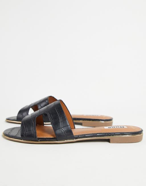 Dune London Wide Fit - Loopy - Sorte flade slip-on-sandaler i krokodilleskind, 4 af 4
