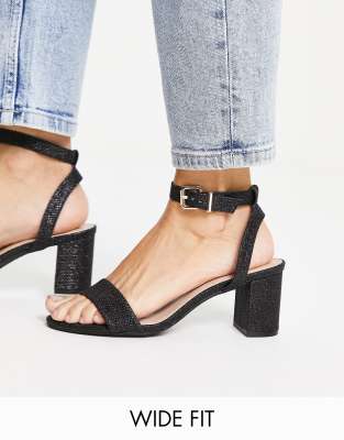 Dune London Wide Fit Meye block heel two part sandals in black glitter