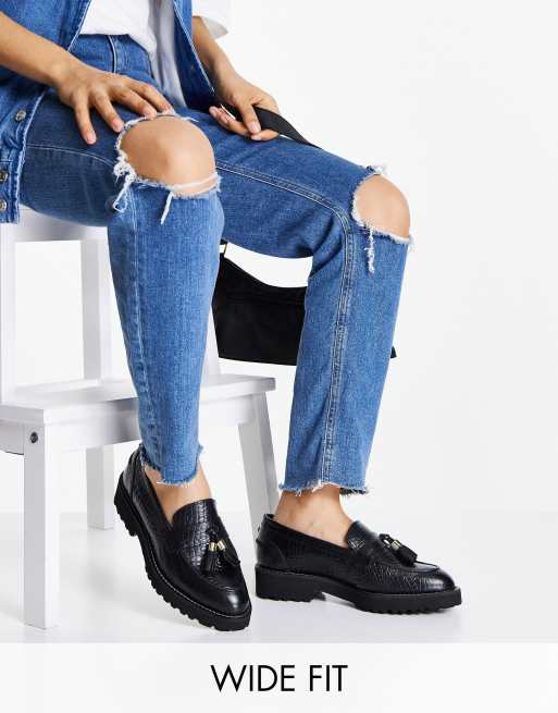 Dune London Wide Fit - Sorte chunky loafers i krokodillemønstret læder