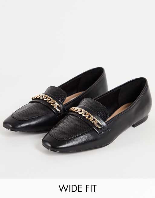 Dune London Wide Fit - Sorte loafers i læder med kædedetaljer 