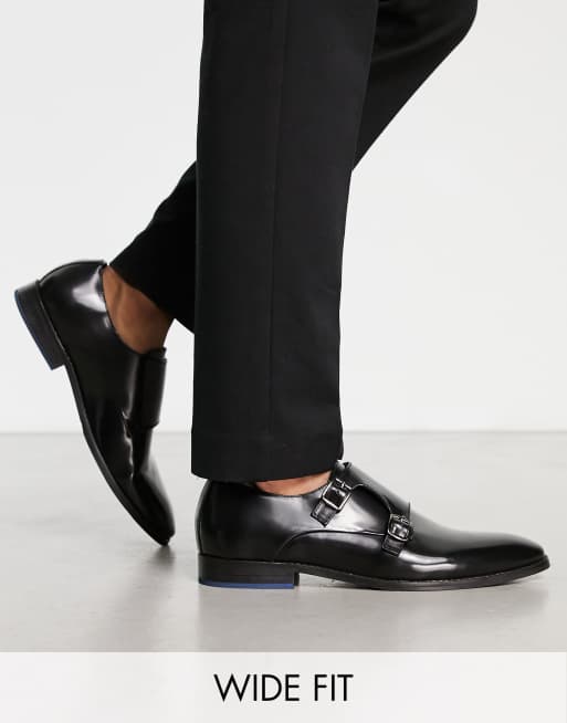 Dune London - Wide Fit - Sorte munkesko med to remme
