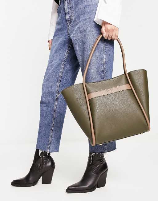 Dune – Poliuretanowa torba typu tote z blokami w kolorze camelowym i khaki