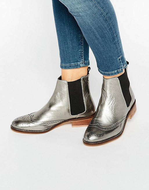 Dune Quentin Pewter Metallic Leather Brogue Chelsea Boots | ASOS