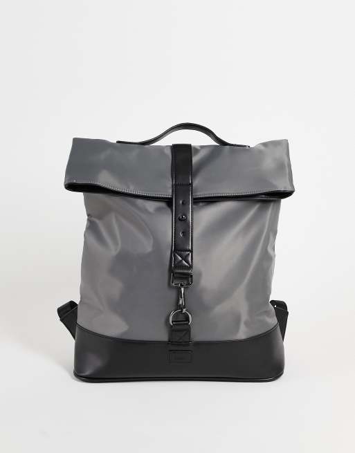 Dune – Rolltop-Rucksack in Grau mit Umschlag und Klappverschluss