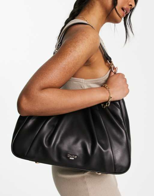 ASOS DESIGN ruched shoulder bag in black with chunky gold chain