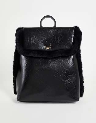 Petit Sac à Dos Femme Noir - Fausse Fourrure Et Simili Cuir - Forme Demi-lune