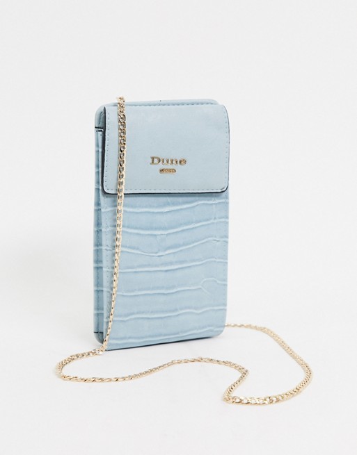 Dune sandy phone bag with chain in pale blue croc
