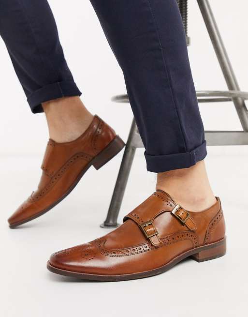 Dune Scarpe monk strap brogue in pelle color cuoio