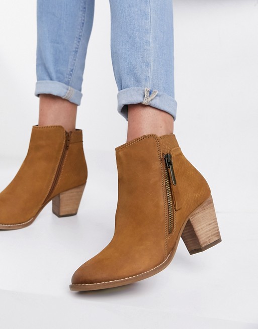 Dune London side zip western heeled ankle boots in tan suede