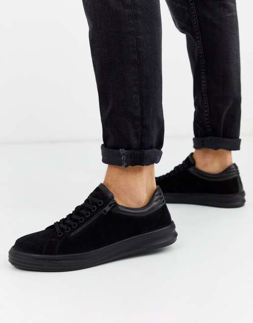 Dune suede chunky trainer with side zip in black | ASOS