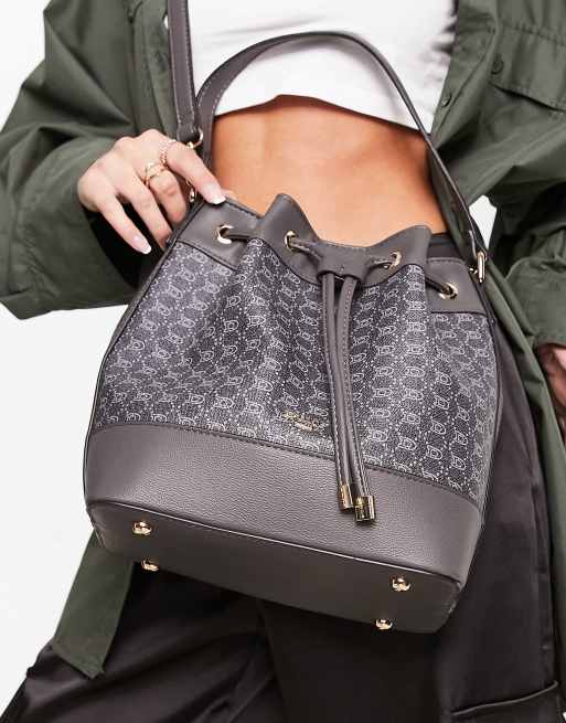 Dune – Szara poliuretanowa torebka crossbody o pudełkowym kształcie we wzór z monogramem