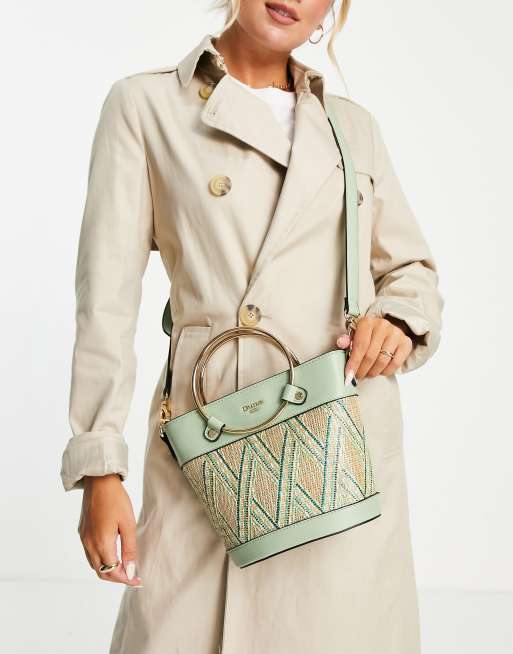 Dune top handle raffia bucket bag in green ASOS