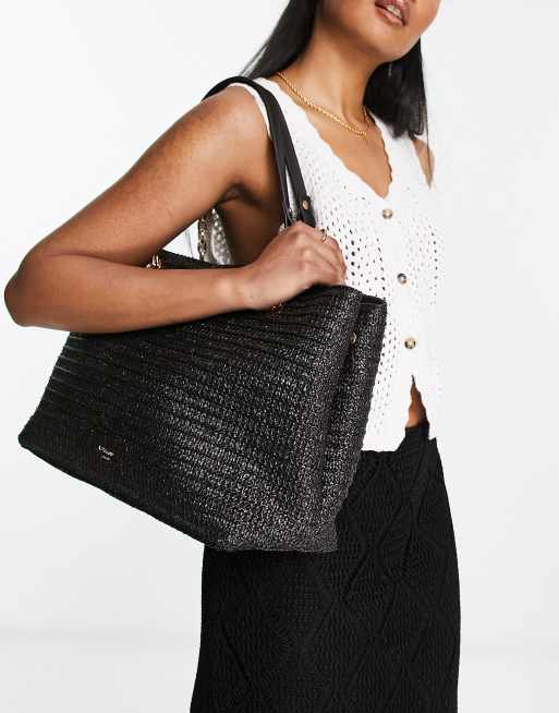 Dune - Tote met kettinghandvat in raffia en zwart