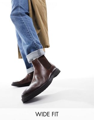 Dune Wide Fit chunky leather chelsea boots in brown