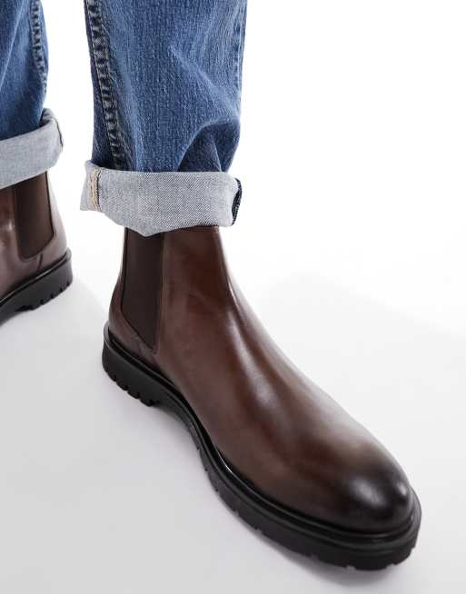 Dune Wide Fit chunky leather chelsea boots in brown