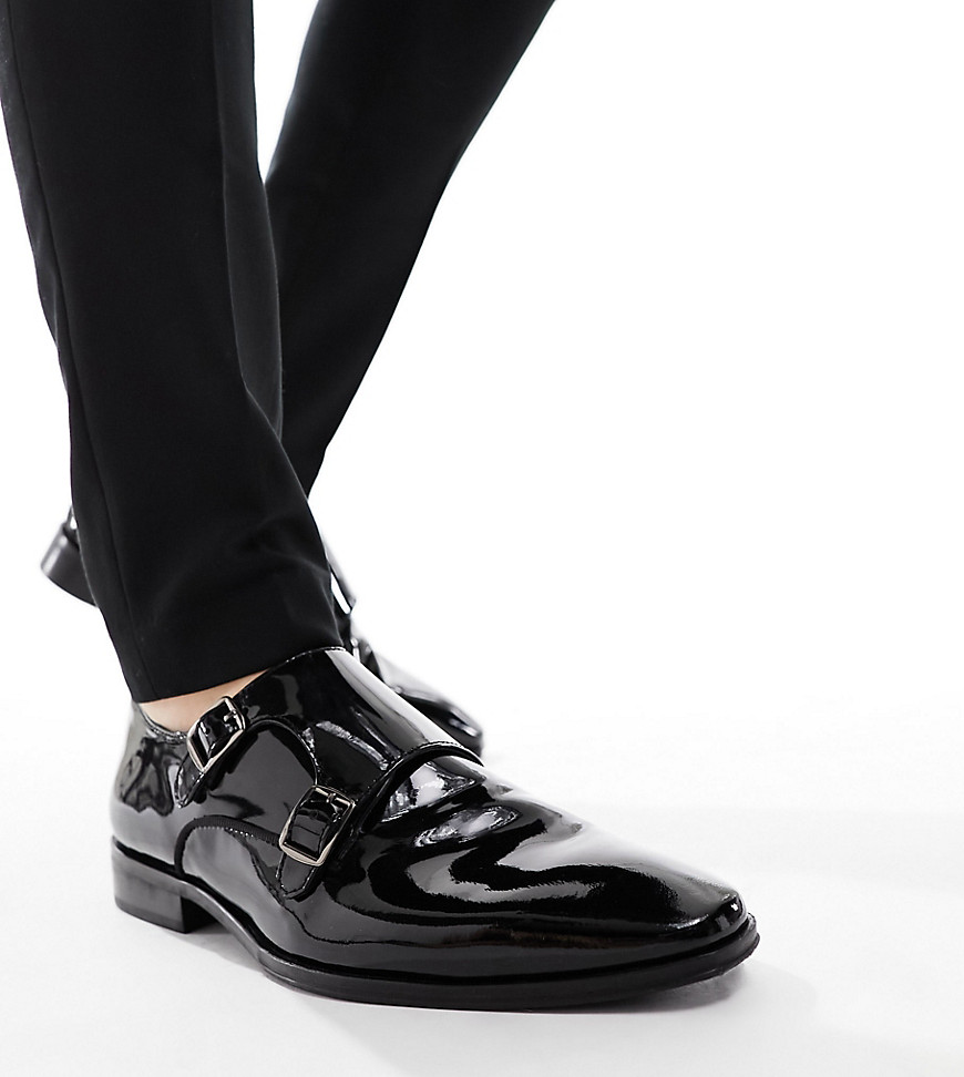 Dune Wide Fit double buckle leather monk shoes in black patent