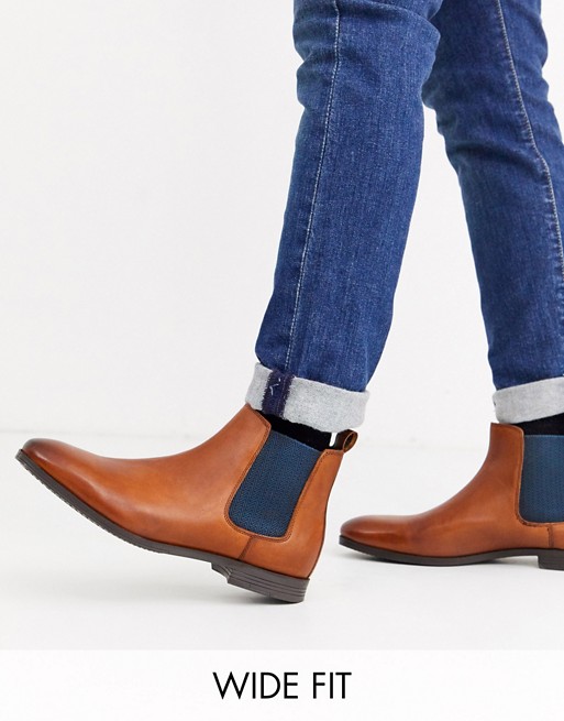 Dune wide fit formal chelsea boot in brown leather