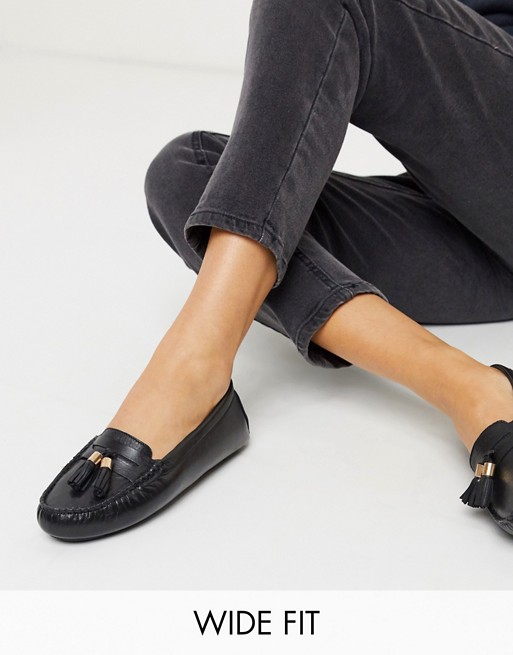 Dune Wide Fit gaze leather tassel loafer flat shoes in black | ASOS
