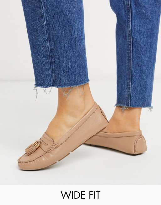 Dune Wide Fit gaze leather tassel loafer flat shoes in camel | ASOS