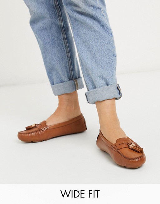 Dune Wide Fit gaze leather tassel loafer flat shoes in tan