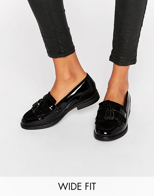Dune Wide Fit Goodie Black Patent Tassle Loafers | ASOS