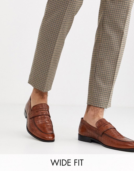 Dune wide fit leather faux croc penny loafer in tan