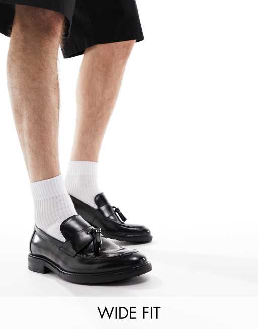 Dune Wide Fit – Leder-Loafer in Schwarz mit dicker Sohle und Quastendetail, weite Passform