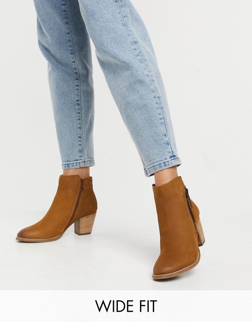 Dune wide fit side zip western heeled ankle boots in tan suede