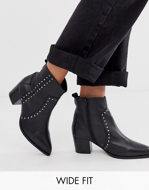 Dune wide fit studded western boot in black leather