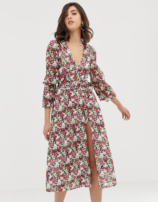 Dusty Daze long sleeved midi dress with thigh split in floral | ASOS