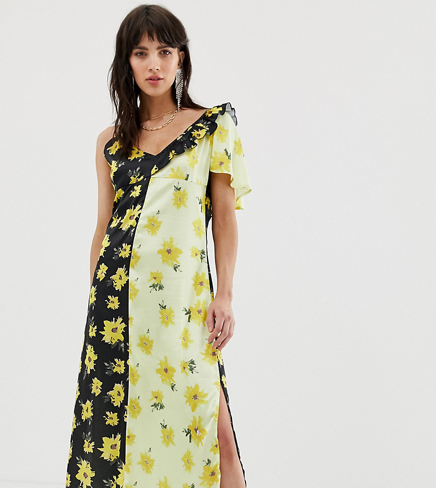 Dusty Daze - Midi-jurk met asymmetrische schouder en contrasterende bloemenprint-Geel