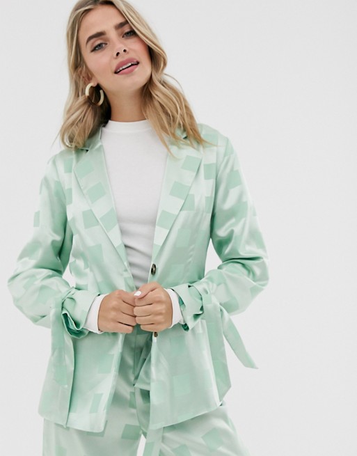Dusty Daze relaxed blazer with tie cuffs in tonal check satin co-ord