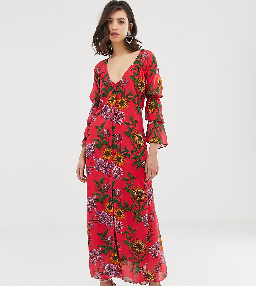 Dusty Daze ruched front maxi dress in floral-Red