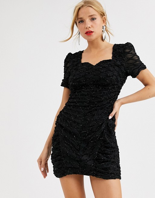 Dusty Daze ruched mini dress with sweetheart neckline in sequin grid