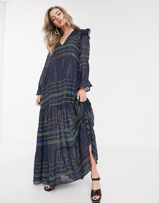 Dusty Daze ruffle shoulder maxi dress with tiered skirt in metallic and rainbow check