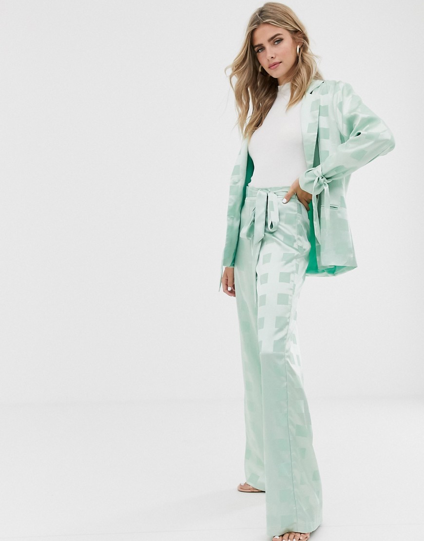 Dusty Daze wide leg pants with belted waist in tonal check satin two-piece-Green