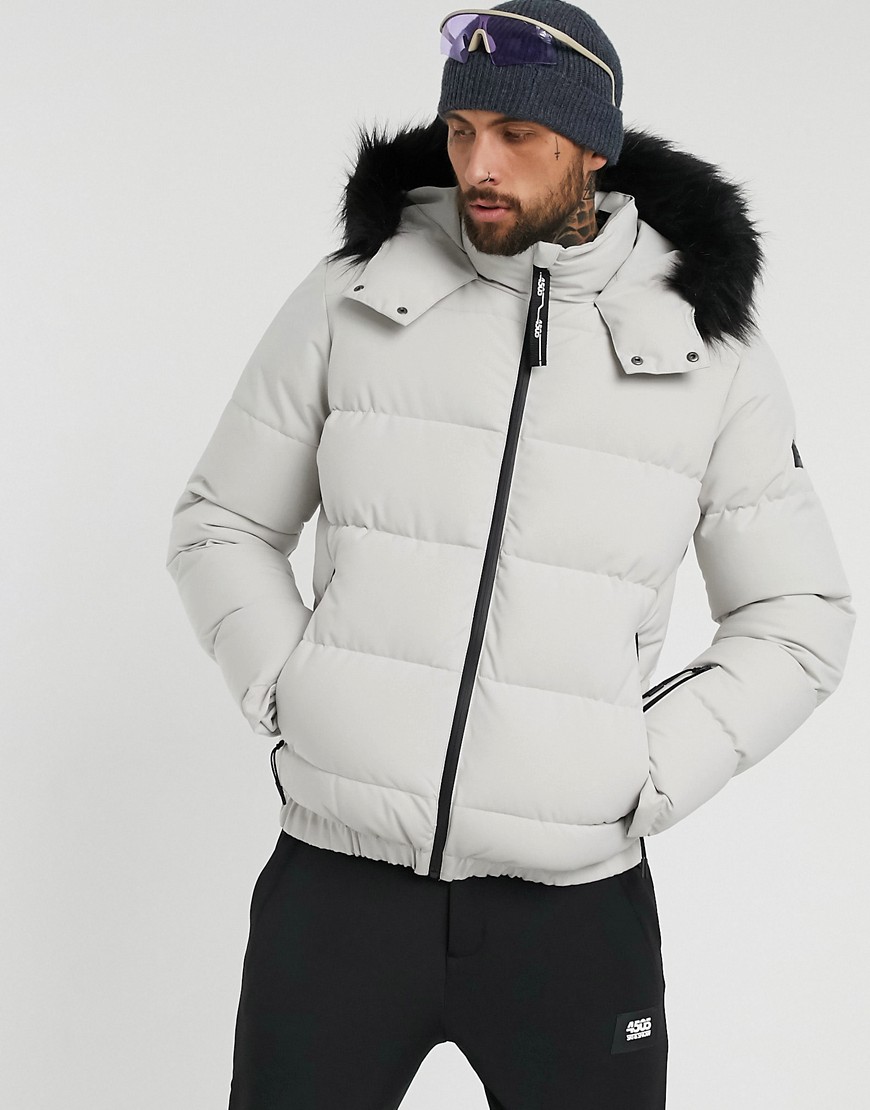 фото Дутая лыжная куртка с меховой отделкой asos 4505-серый