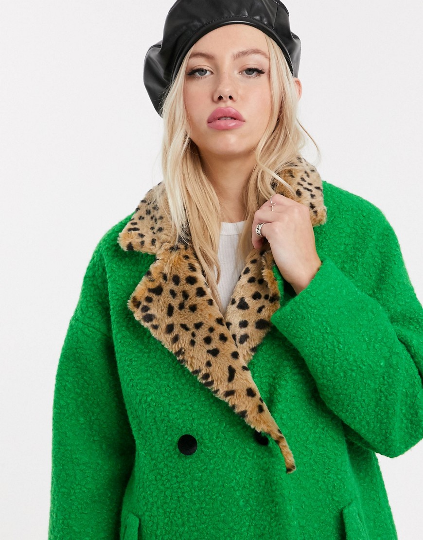 фото Двубортное шерстяное пальто с воротником из искусственного меха с леопардовым принтом lazy oaf-зеленый