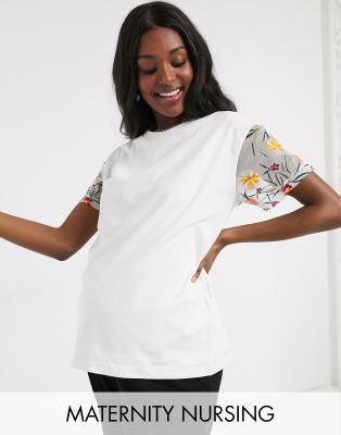 фото Двухслойная футболка с вышивкой на рукаве asos design maternity nursing-белый asos maternity - nursing